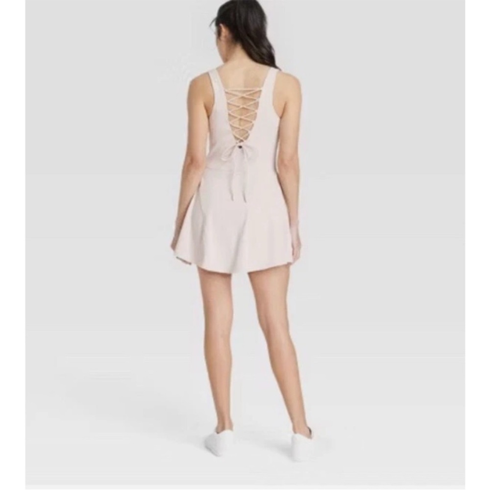 JoyLab Lace-Up Back Sleeveless Active Dress w/ Shorts & Bra Cups in Beige NWT L